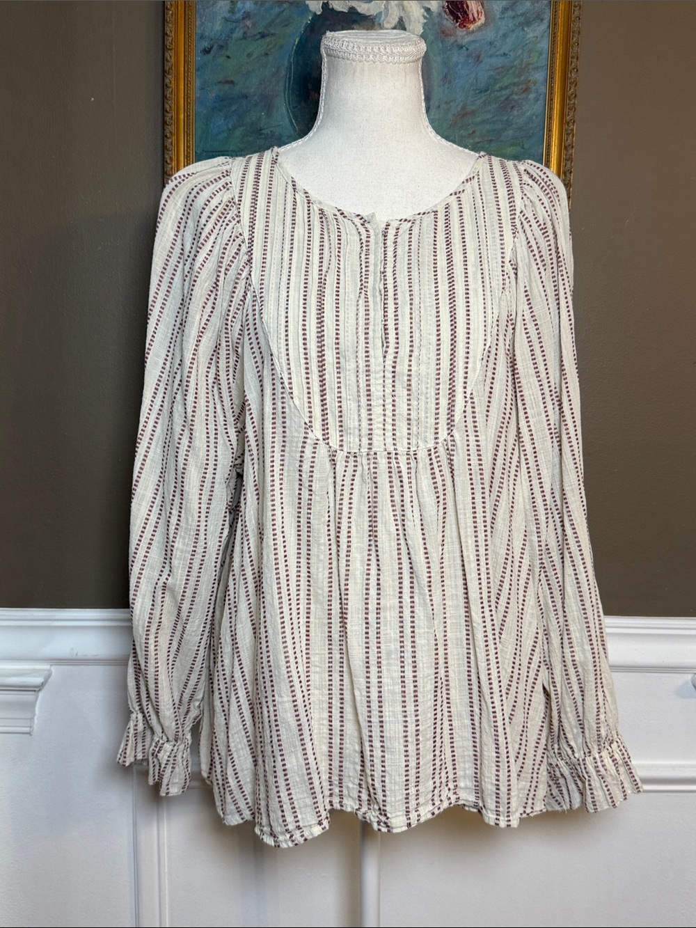 Elizabeth and James Striped Cotton Balloon Sleeve Boho Blouse Large